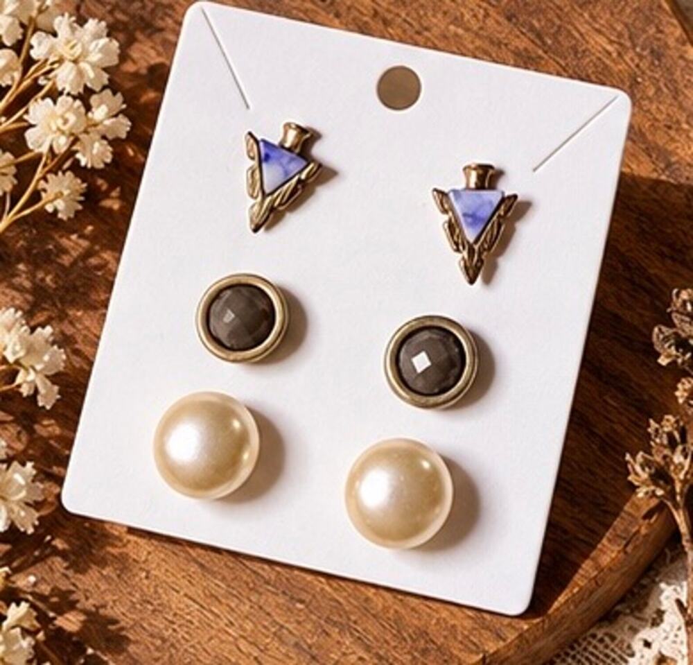 Bohemian Stud Earring Set Arrowheads, Smoky Stones & Faux Pearls